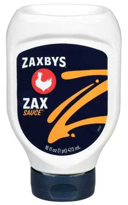 Zaxby’s Zax Sauce 16oz bottle with blue label and orange Z logo.