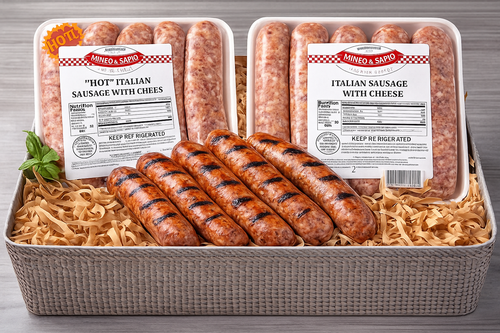 Gift box with assorted Italian foods arranged for a customizable Mineo & Sapio sausage bundle.