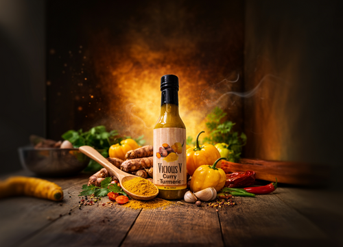 Vicious V Curry Turmeric Hot Sauce surrounded by fresh turmeric root, colorful peppers, garlic, herbs, and curry powder, highlighting the handcrafted ingredients and bold flavor profile.