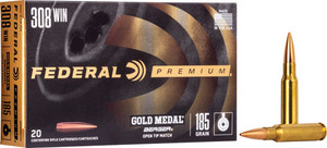 Federal Gold Medal .308 Win Ammunition - 185 Grain Jacketed Hollow Point, Reloadable (20 Rounds per Box) Federal Gold Medal .308 Win Ammunition - 185 Grain Jacketed Hollow Point, Reloadable (20 Rounds per Box)