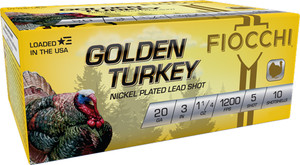 Fiocchi Golden Turkey 20 Gauge 3-inch Shotshells - Nickel Plated #5 Shot, 1-1/4 Ounce, 1200 FPS Fiocchi Golden Turkey 20 Gauge 3-inch Shotshells - Nickel Plated #5 Shot, 1-1/4 Ounce, 1200 FPS