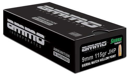 Ammo Inc Signature Match 9mm Luger Handgun Ammo - 115 Grain | Sierra Match HP | 50rd Box - Part Number 9115JHP-SRR50