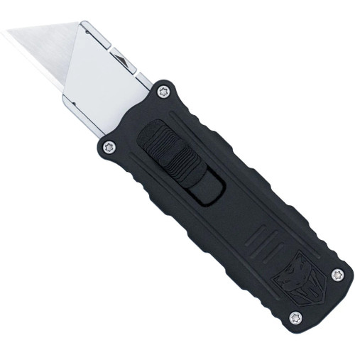 CobraTec Part Number CTOTFUKSBBLK Utility Out-The-Front (OTF) Knife with Side Button and Refillable Blade in Black