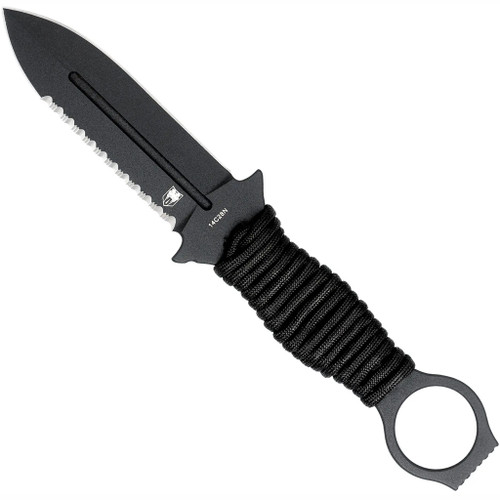 CobraTec Ringed Claymore 1-Side Serrated Dagger Fixed Blade in Black, CTRCLMDAG1SSBLK