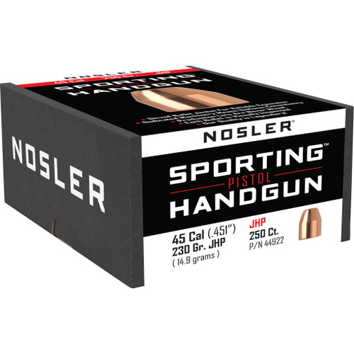 Nosler Sporting Handgun Pistol Bullet .45 Caliber 230 Grain Jacketed Hollow Point, 250 Pack