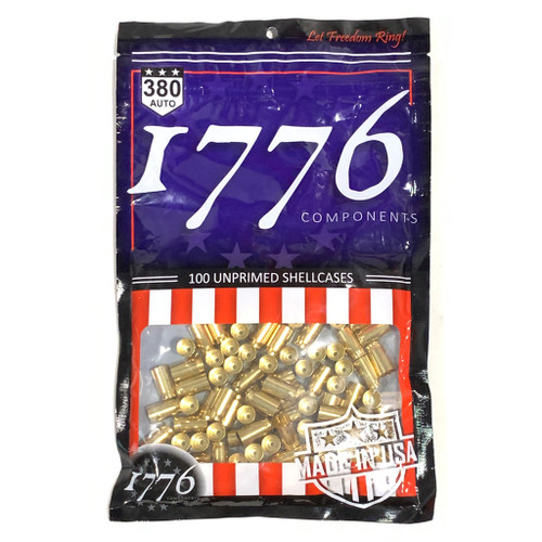 1776 USA Unprimed Brass 380 ACP Cartridge Case - 100 Pieces