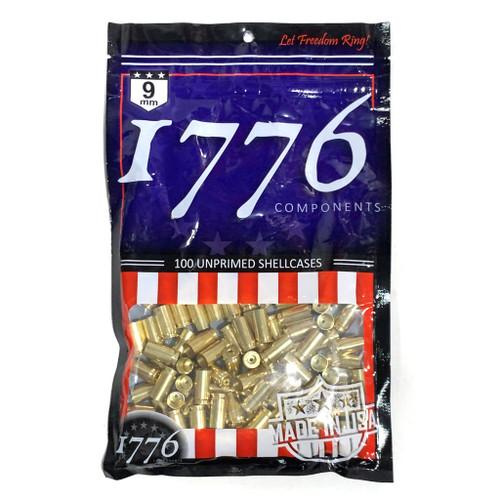1776 USA Unprimed Brass 9mm Cartridge Cases, 100 Pieces