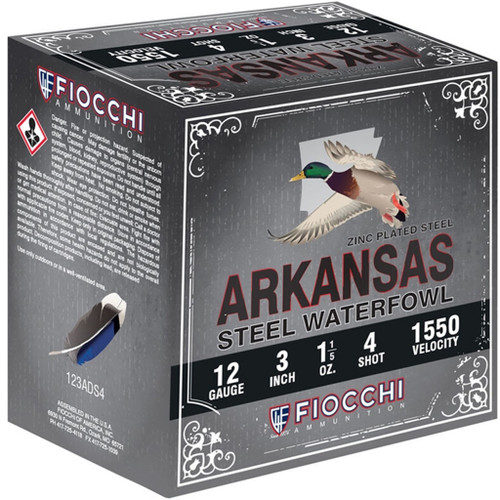 Fiocchi Arkansas Steel Shotgun Ammo 12 Gauge, 3 Inch, 1 1/5 Oz, 1550 FPS, #4 Shot, 100 Rounds