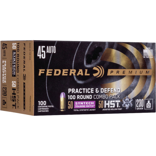 Federal Practice & Defend Pistol Ammo 45 ACP 230 Grain HST and Syntech Training Match – 100 Rounds