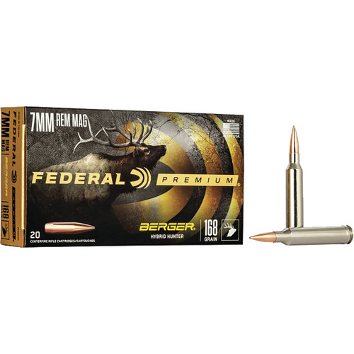 Federal Premium 7mm Remington Magnum Rifle Ammo with Berger Hybrid Hunter 168 Grain - 20 Rounds