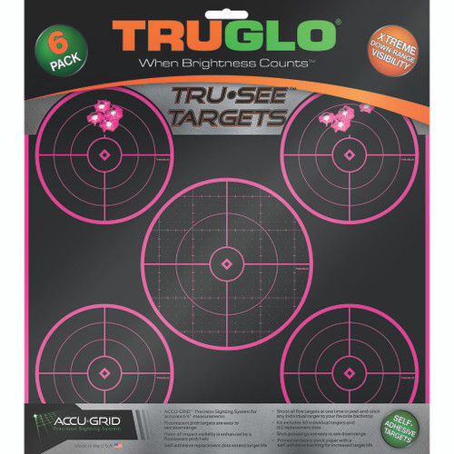 TruGlo TruSee Splatter 5-Bullseye Target Pink – 12x12 Inches, Pack of 6