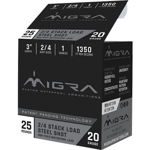 Migra Ammunitions Staxd Shotgun Ammo 20 Gauge, 3-Inch, 1 oz. 2-4 Steel Shot, 25 Rounds
