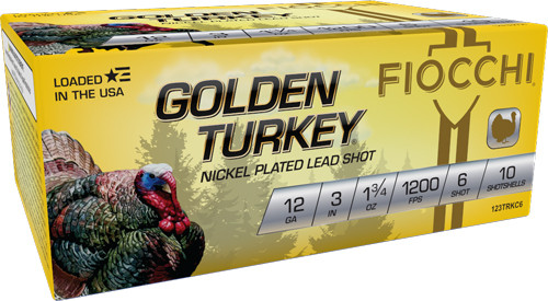 Fiocchi Golden Turkey 12 Gauge 3-Inch Shotshells - Nickel Plated #6 Shot, 1-3/4 Ounces, 1325 FPS
