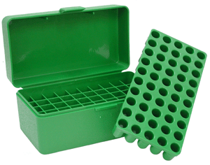 MTM Ammo Box for .22 Hornet and Rifle Cartridges, 50 Round Capacity, Green Plastic Storage Container