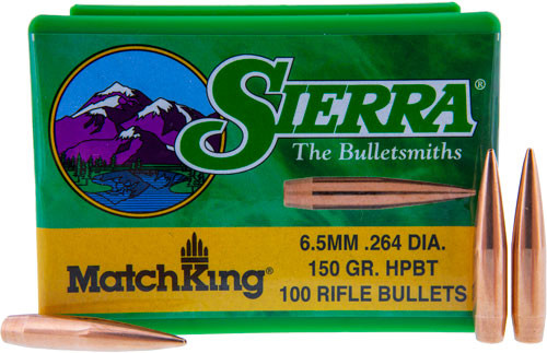Sierra Bullets MatchKing Series 6.5mm .264 Hollow Point Boat Tail Bullet, 150 Grains, Box of 100