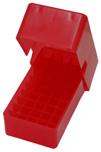 MTM Ammo Box for 38/357 Caliber - 50 Rounds Capacity, Clear Red Plastic Storage Container