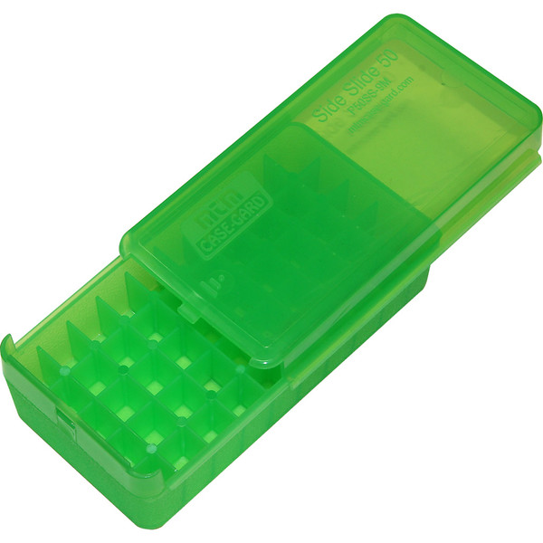 MTM Slide Side Handgun Ammo Box for 9mm and .380 ACP * Clear/Green, 50 Rounds
