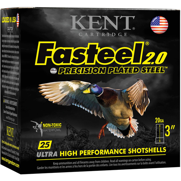 Kent Cartridge Fasteel 2.0 Precision Plated Steel Shotgun Load – 20 Gauge, 3 Inch, 7/8 oz, 4 Shot, 25 Rounds