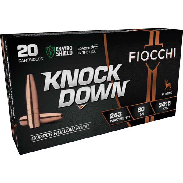 Fiocchi Knock Down Rifle Ammo 243 Winchester 80 Grain Copper Hollow Point 20 Rounds
