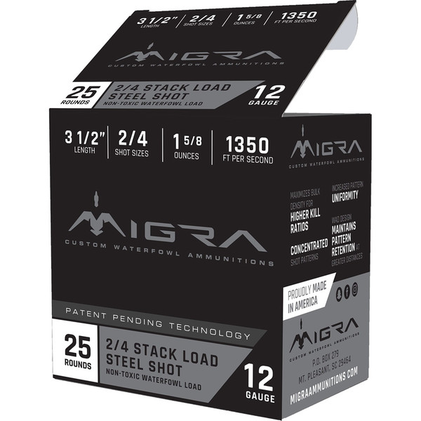 Migra Ammunitions Staxd 12 Gauge Shotgun Ammo – 3.5 inch, 2-4 Steel Shot, 25 Rounds