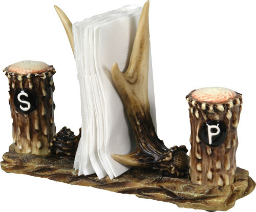 Rivers Edge Ceramic Antler Salt & Pepper Shakers with Resin Antler Napkin Holder Set