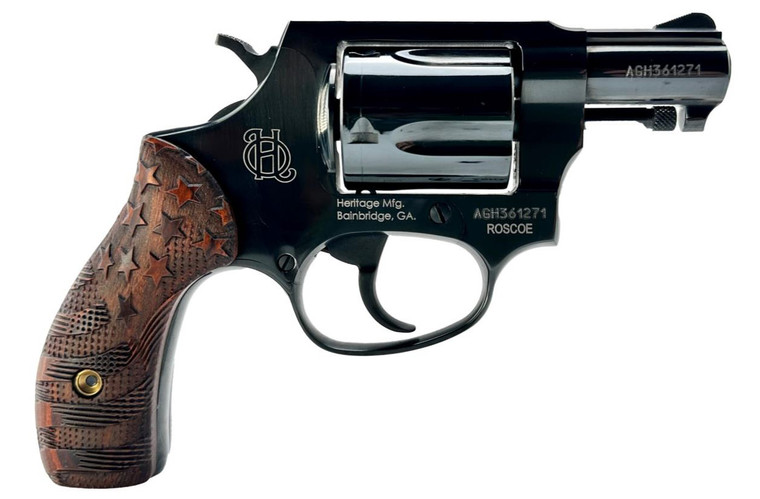 Heritage Manufacturing Roscoe .38 Special Revolver with US Flag Engraved Wood Grips - 5-Round Capacity, Blued Finish, 7.5 Inches Overall Length