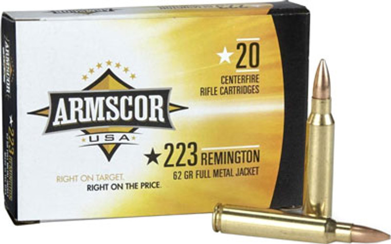 ARMSCOR 223 Rem 62 Grain FMJ Rifle Ammunition - Reloadable, 20 Rounds Per Box