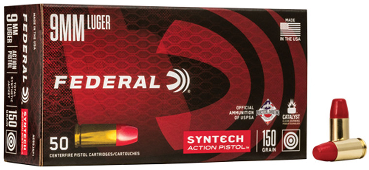 Federal AE Action Pistol 9mm - 150 Grain Flat Nose Ammunition, Reloadable, 50 Rounds per Box