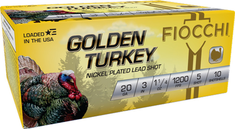 Fiocchi Golden Turkey 20 Gauge 3-inch Shotshells - Nickel Plated #5 Shot, 1-1/4 Ounce, 1200 FPS