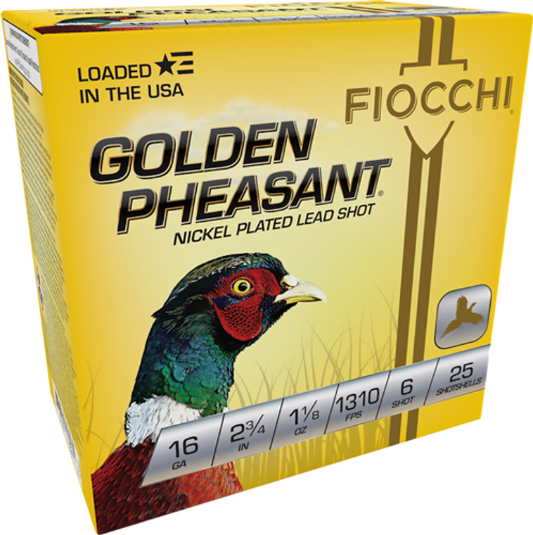 Fiocchi Golden Pheasant 16 Gauge Shotshells - Nickel Plated, 1-1/8 oz #6 Lead Shot, 1310 FPS, 25 Rounds per Box