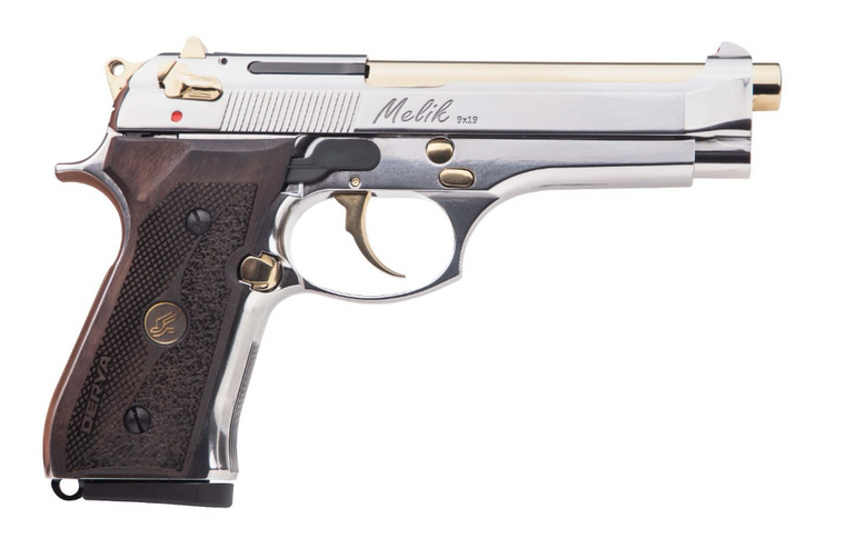 Derya MK9 9mm Semi-Auto Pistol with Polished Nickel Finish and Mahogany Wood Grips