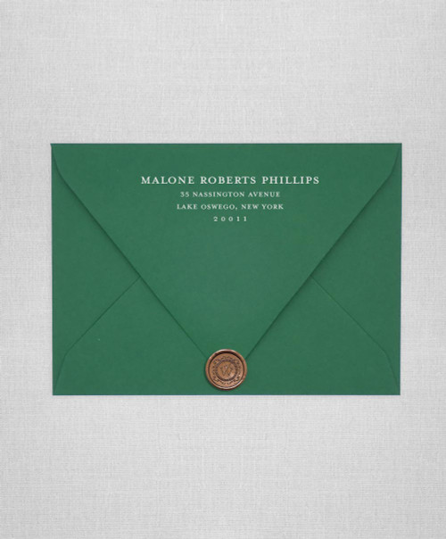 Lockwood Green wedding envelopes with white ink return addressing and gold wax seals