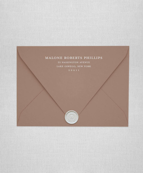 Light Brown wedding envelopes with white ink return addressing and gold wax seals