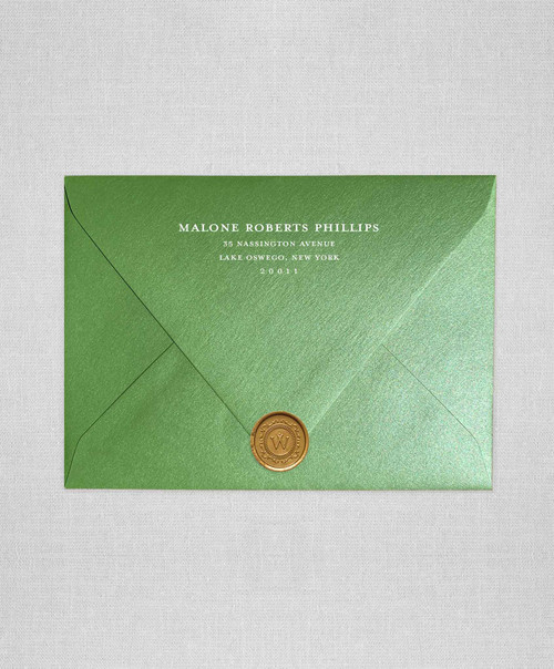 Fairway wedding envelopes with white ink return addressing and gold wax seals