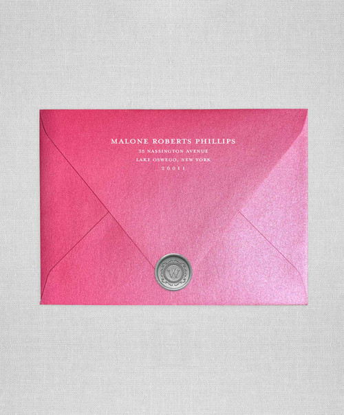 Azalea wedding envelopes with white ink return addressing and silver wax seals
