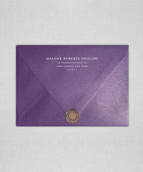 Violette Purple Metallic wedding envelopes with white ink return addressing and bronze wax seals