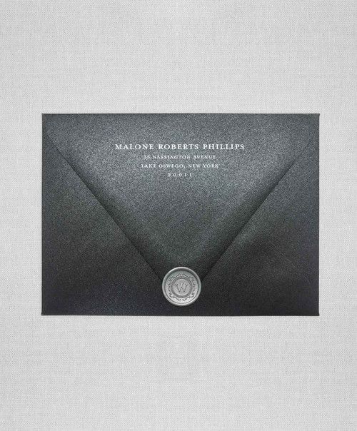 Onyx Metallic wedding envelopes with white ink return addressing and  Silver wax seals