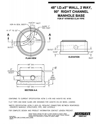 48 Manhole Base - 2 Way, 180 Degree Channel - 8 Clay Pipe