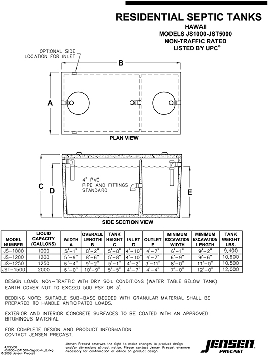 Residential Septic Tank 1,000 1,500 gal. Hawaii Jensen Precast