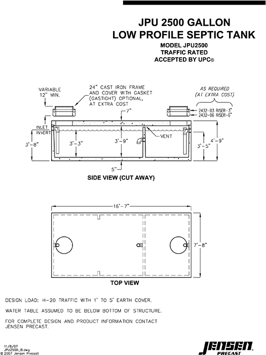 Commercial Septic Tank 2500 Gal Low Profile Jensen Precast 1626