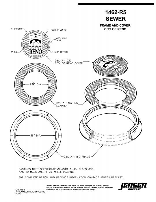 36" Cast Iron Frame & Cover Sewer City of Reno Jensen Precast