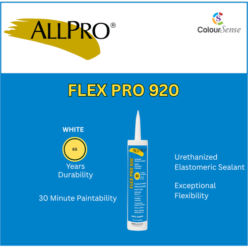 Flex pro 920 is Urethanized Acrylic Elastomeric Sealant – 400% elongation, paintable in 30 minutes, interior/exterior use, non-sag formula, and 65-year durability. Flex pro 920 is Urethanized Acrylic Elastomeric Sealant – 400% elongation, paintable in 30 minutes, interior/exterior use, non-sag formula, and 65-year durability.