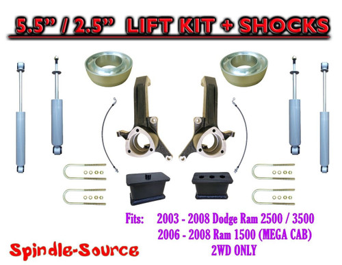 03 - 08 Dodge Ram 2500 3500 (1500 MEGA CAB) 2WD 5.5 / 2.5 LIFT KIT SHOCKS (UB-H)