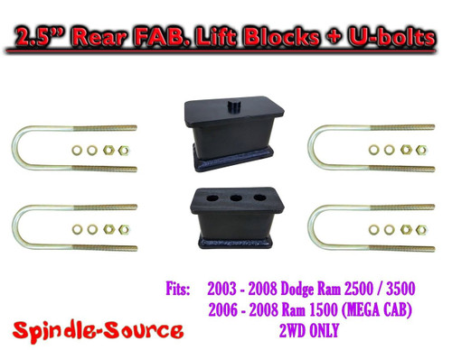 03-08 Dodge Ram 2500 3500 2.5" Fabricated Rear Lift Blocks + U-bolts 4.125" Axle