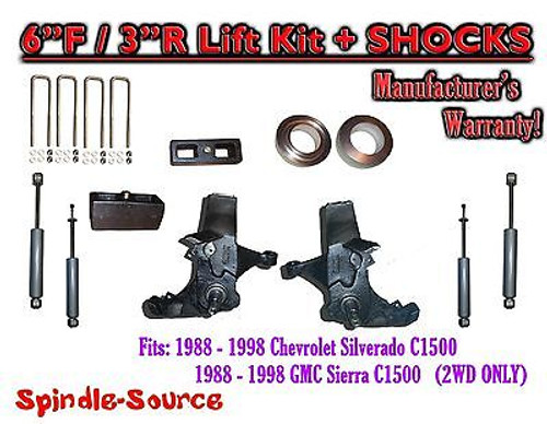 1988 -1998 Chevy / GMC C15 C1500 C2500 2WD 6" / 3" Spindle Lift Kit + SHOCKS