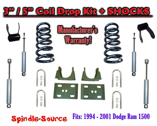 1994 - 2001 Dodge Ram 1500 V6 Ext Cab 2WD 3" / 5" Drop Lowering Kit + SHOCKS