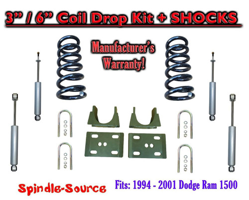 1994 - 2001 Dodge Ram 1500 V6 Reg Cab 2WD 3" / 6" Drop Lowering Kit + SHOCKS