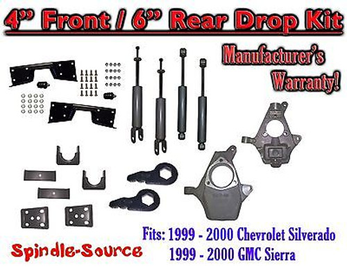 1999 - 2000 Chevy Silverado GMC Sierra 1500 4WD 4" / 6" Drop Kit, Shocks, NOTCH