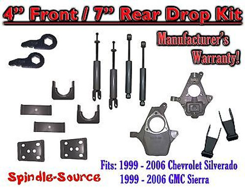 1999 - 2007 Chevrolet Silverado GMC Sierra 1500 4WD 4" / 7" Drop Kit + Shocks