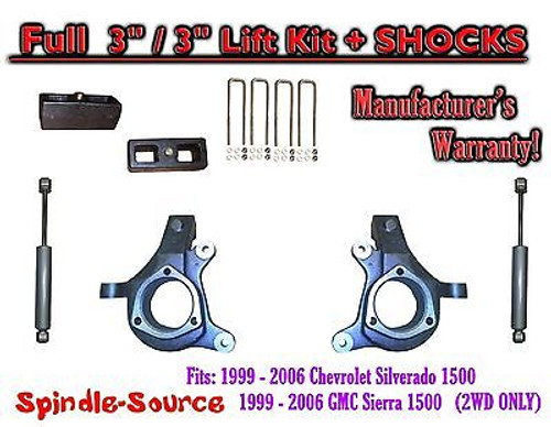 1999 - 2007 Chevy Silverado GMC Sierra 1500 Spindle 3" Lift Kit 3" / 3" + SHOCKS